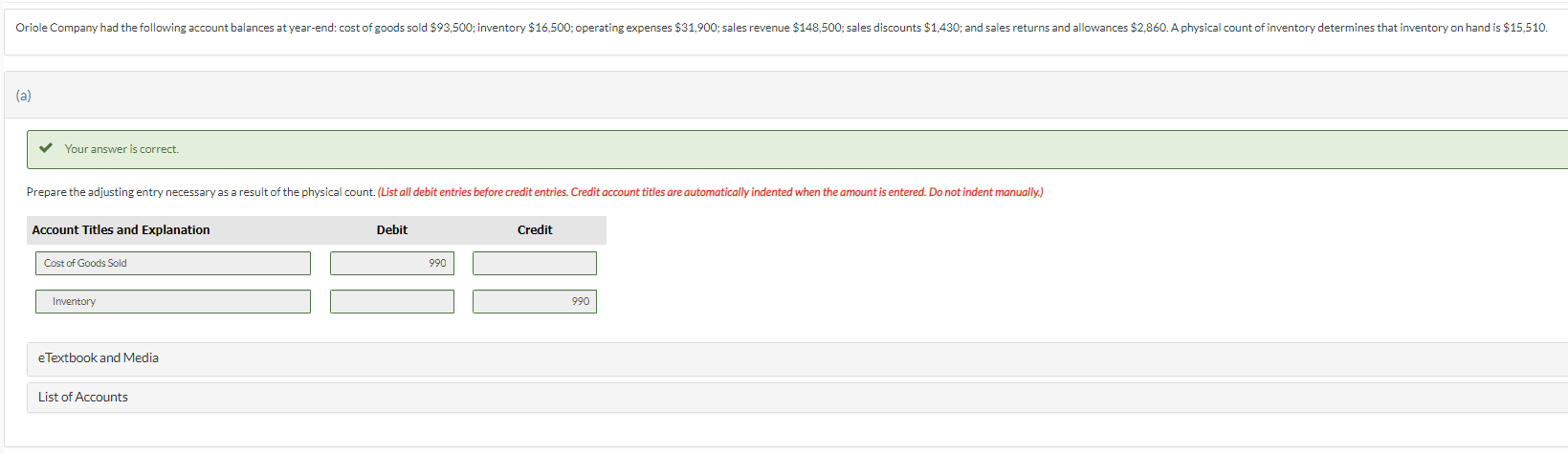  (a) Your answer is correct. Prepare the adjusting entry necessary as