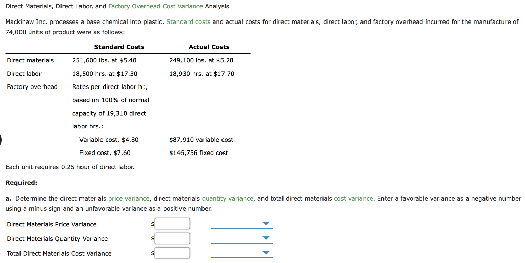 Direct Materials, Direct Labor, and Factory Overhead Cost Variance Analysis Mackinaw