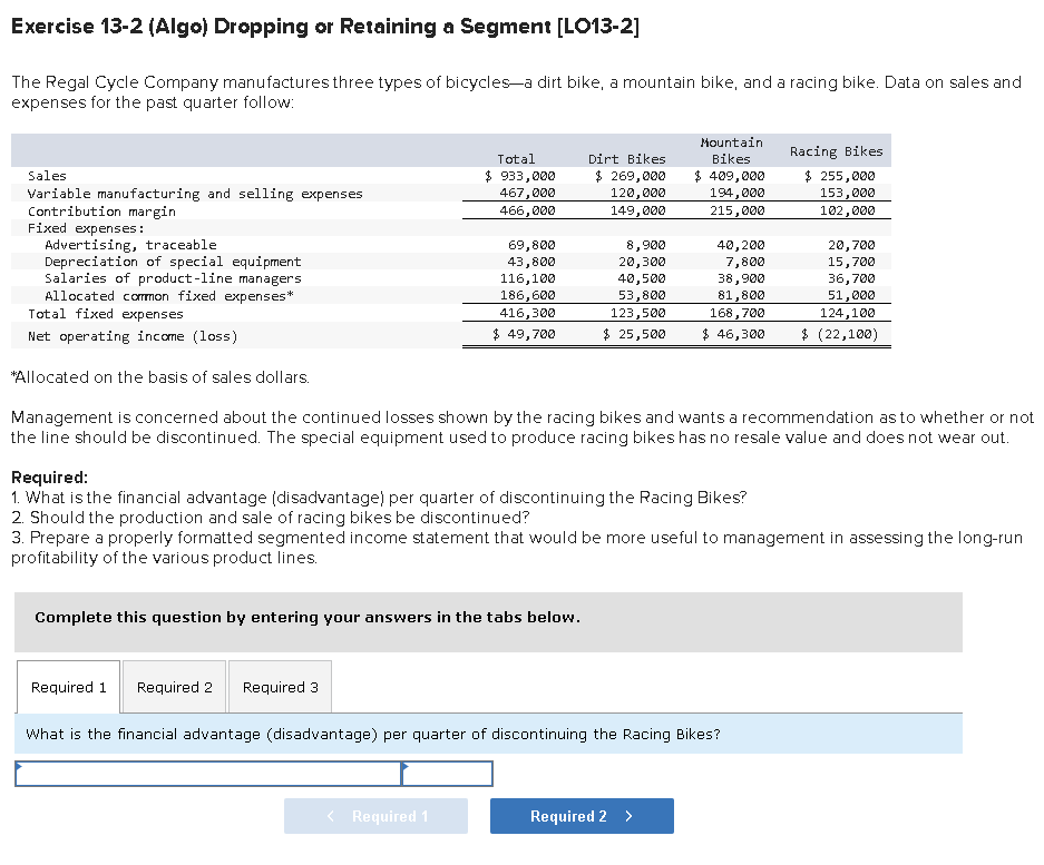  Exercise 13-2 (Algo) Dropping or Retaining a Segment [LO13-2] The Regal