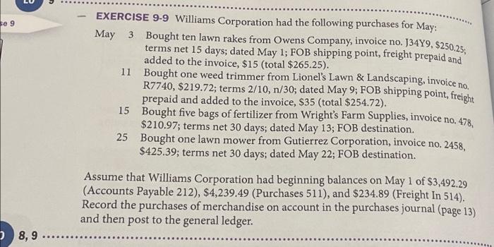  se 9 2 8,9 ..... EXERCISE 9-9 Williams Corporation had the