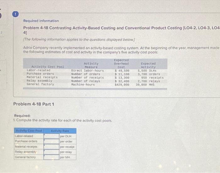  Required information Problem 4-18 Contrasting Activity-Based Costing and Conventional Product Costing