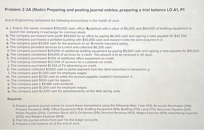  Problem 2-2A (Static) Preparing and posting journal entries; preparing a trial