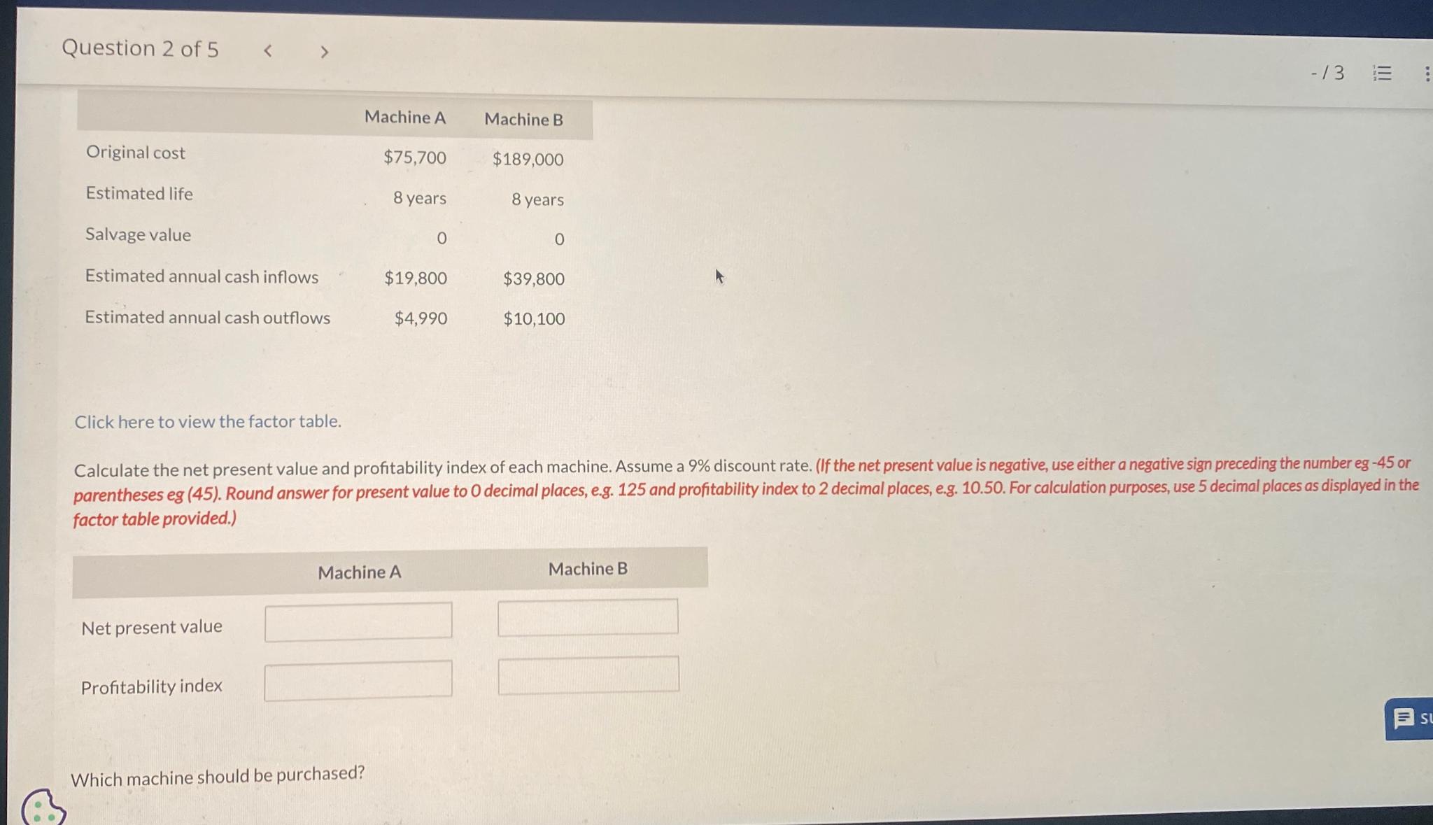  Question 2 of 5 -13 \table[[,Machine A,Machine B],[Original cost,$75,700,$189,000 