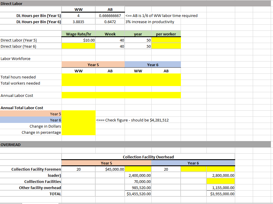 1 Students Enter Formulas HERE in yellow cells Direct Labor OVERHEAD Collection