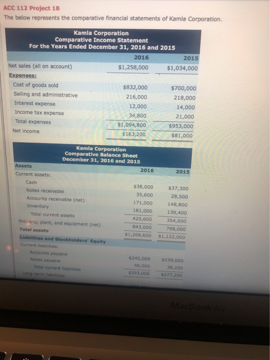  ACC 112 Project 10 The below represents the comparative financial statements