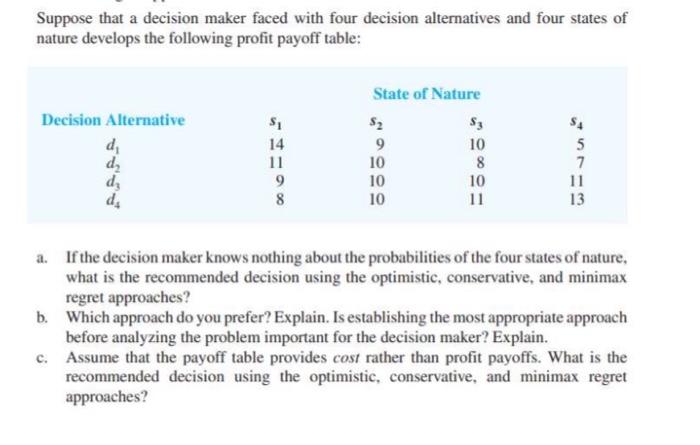  Suppose that a decision maker faced with four decision alternatives and