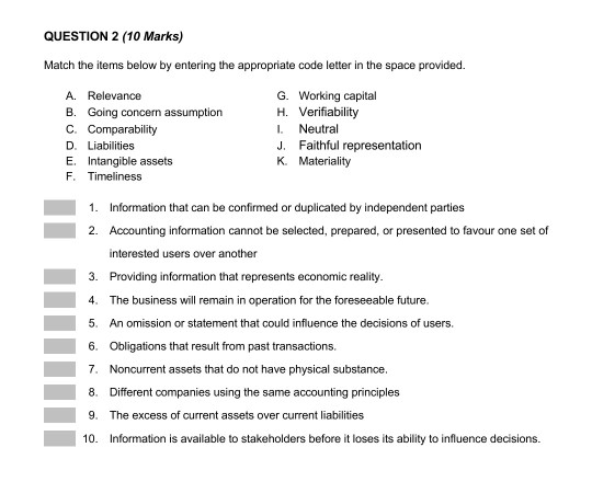  QUESTION 2 (10 Marks) Match the items below by entering the