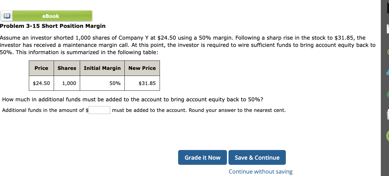  Problem 3-15 Short Position Margin Assume an investor shorted 1,000 shares