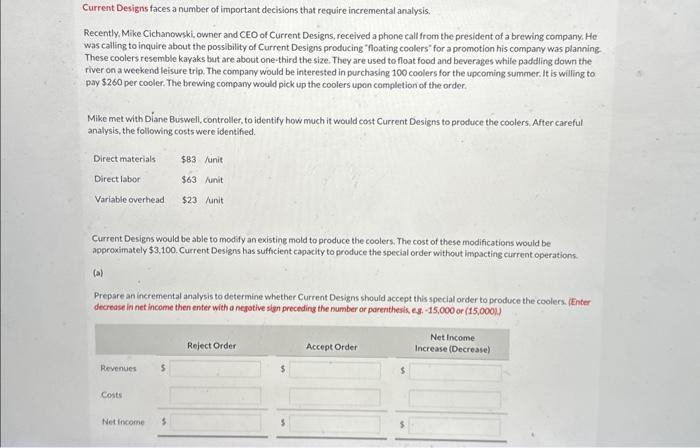  Current Designs faces a number of important decisions that require incremental