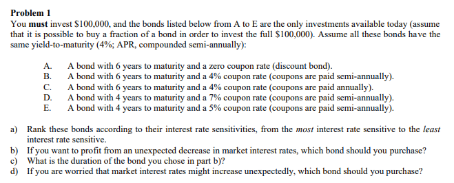  Problem 1 You must invest $100,000, and the bonds listed below