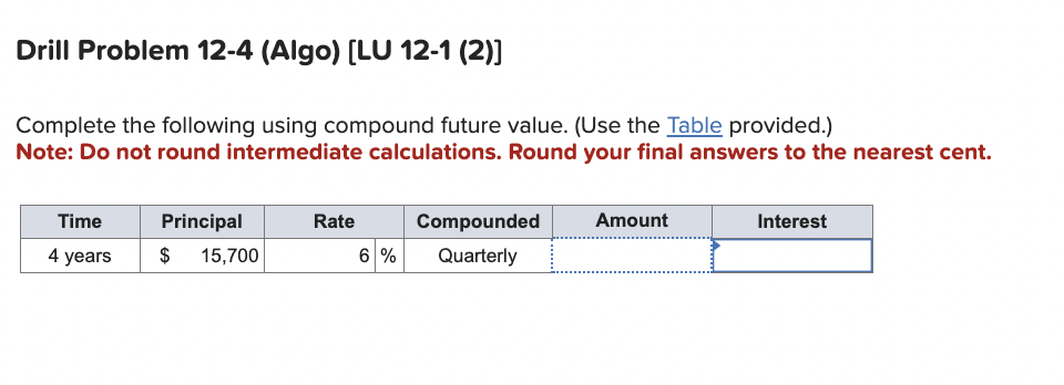  Drill Problem 12-4(Algo)[LU 12-1(2)] Complete the following using compound future value.
