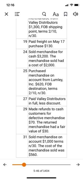 following merchandising transactions in the month of May. At the beginning of