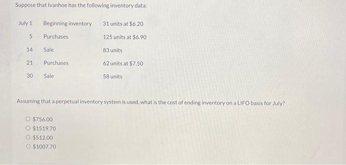  Suppose that Ivanhoe has the following inventory data: Assuming that a