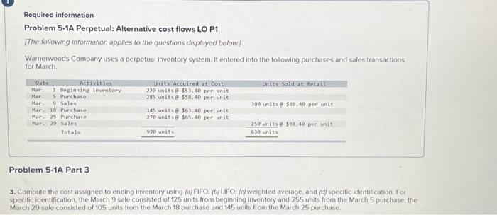 for FIFO, LIFO, weighted average and specific id Required informotion Problem 5-1A