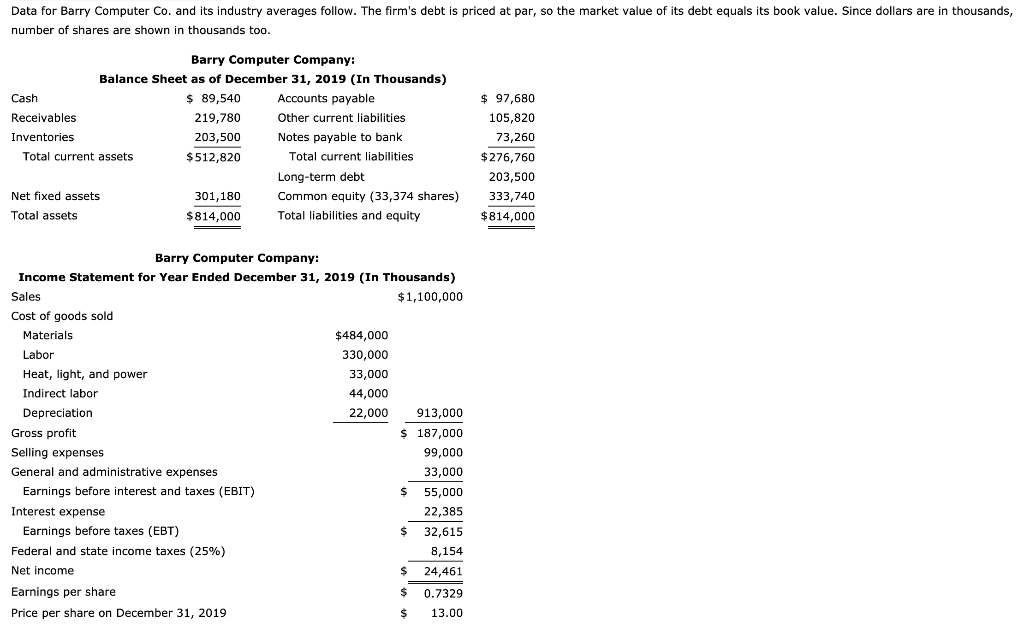 Data for Barry Computer Co. and its industry averages follow. The