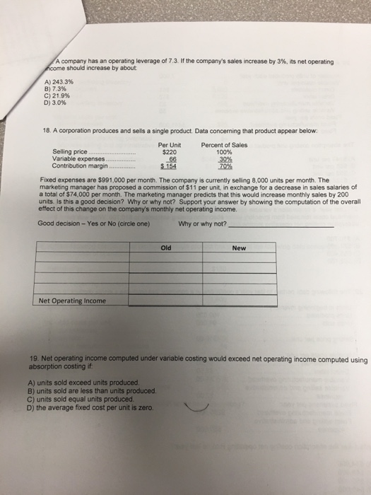  Help on question 17-19 A company has an operating leverage of