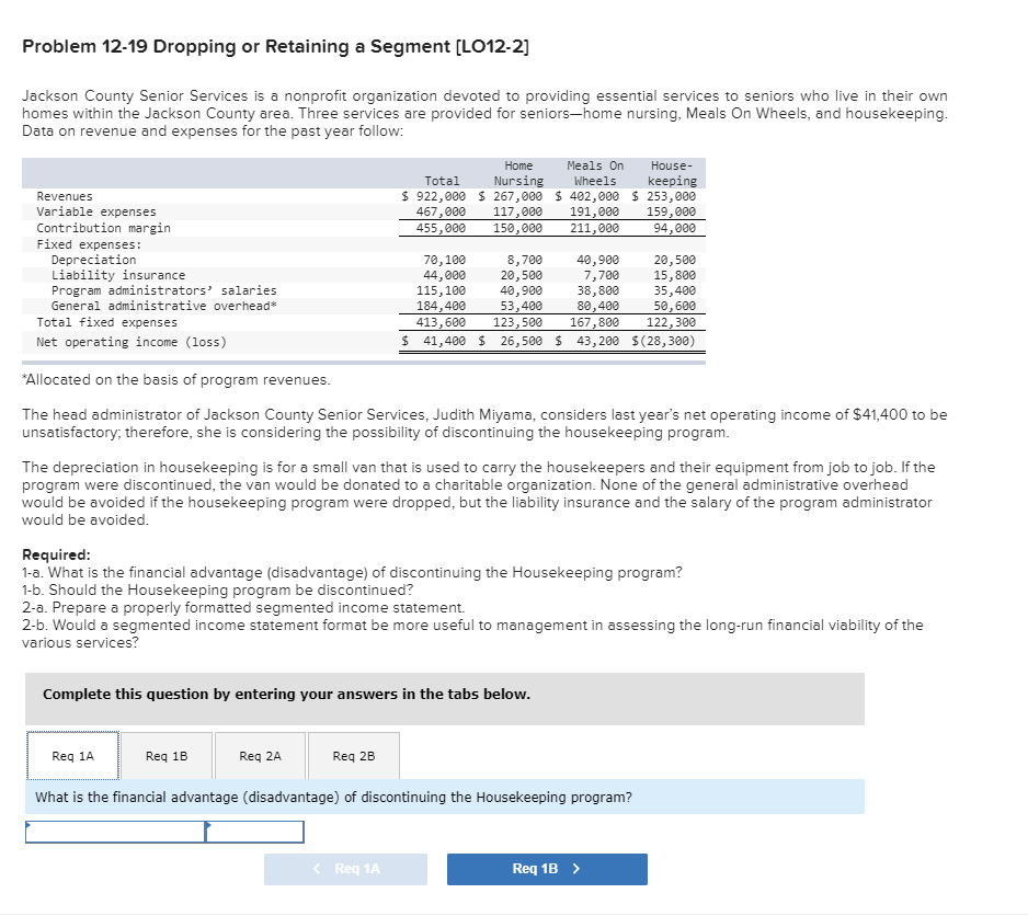  Problem 12-19 Dropping or Retaining a Segment [LO12-2] Jackson County Senior