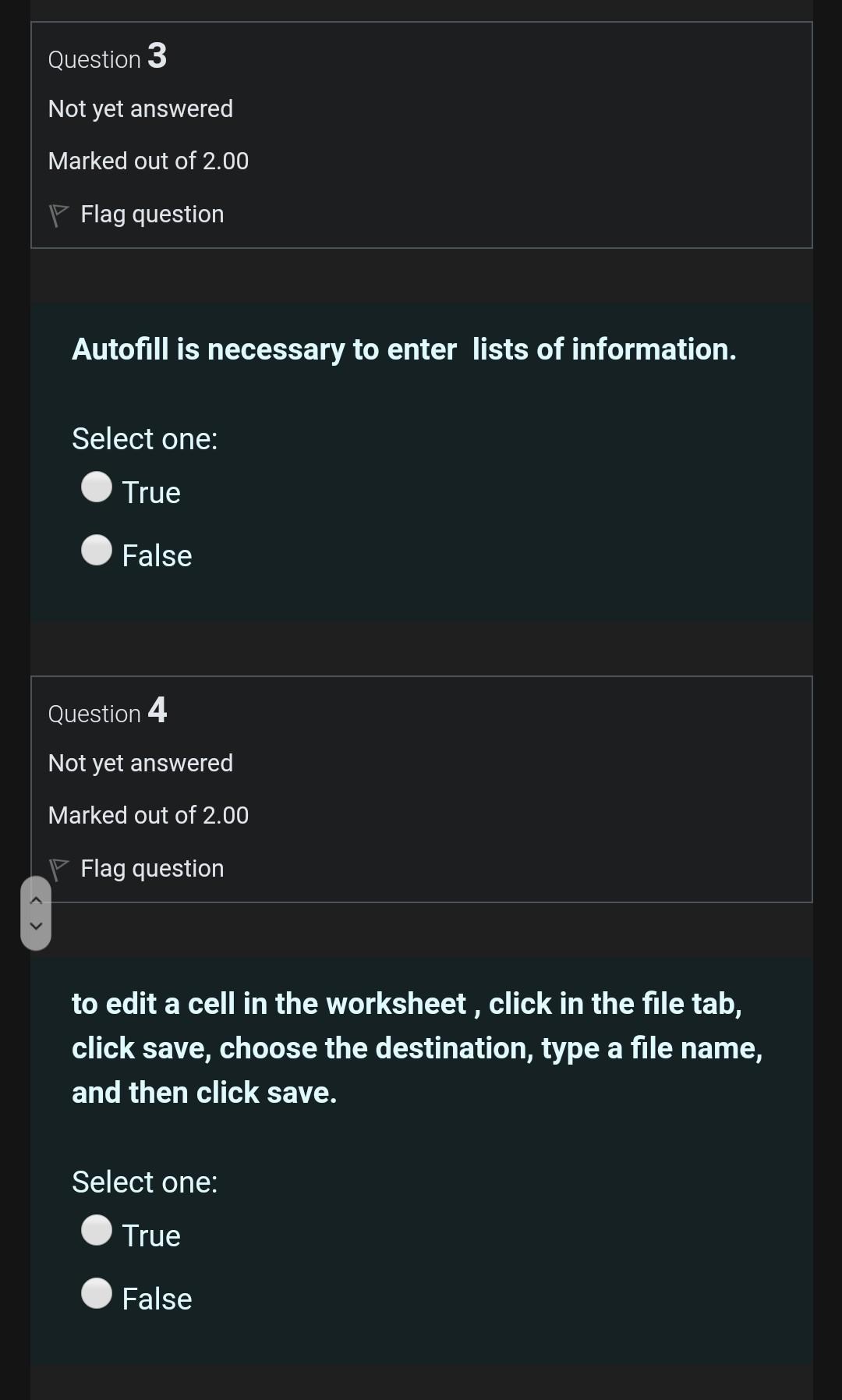 yet answered Marked out of 2.00 P Flag question in excel the