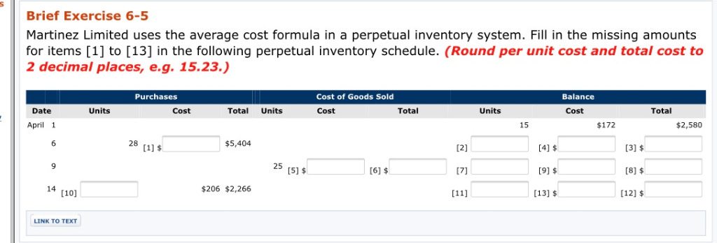  Brief Exercise 6-5 Martinez Limited uses the average cost formula in