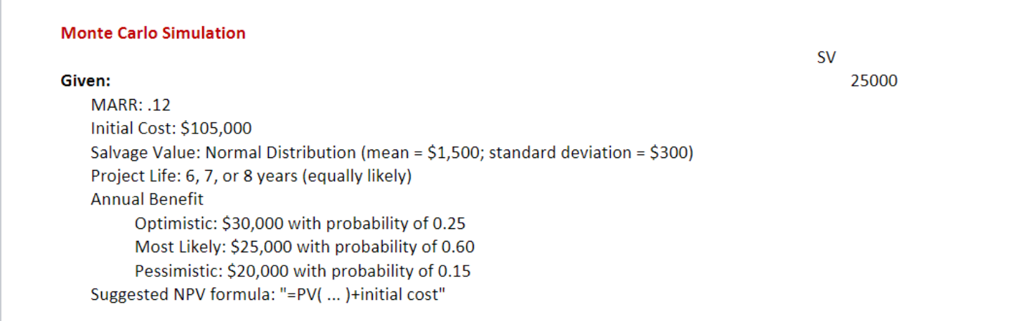 Question: Calculate Expected NPV, Standard Deviation for expected NPV, Expected IRR, and