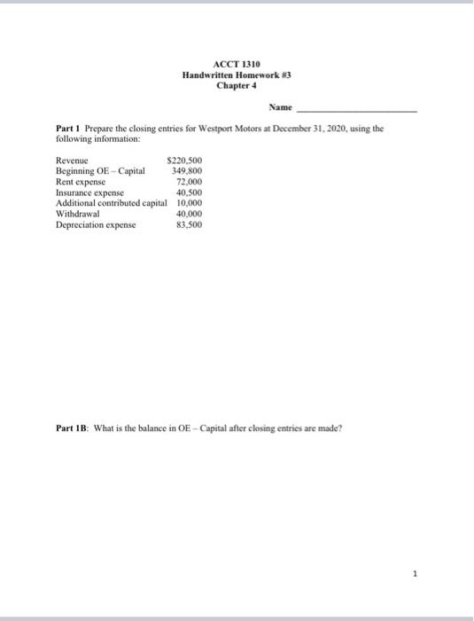 Could you solve this mulitple part problem. ACCT 1310 Handwritten Homework #3