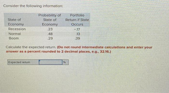  Consider the following information: Calculate the expected return. (Do not round