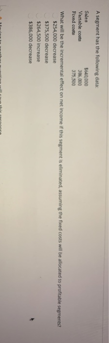  A segment has the following data: Sales $640,000 Variable costs 386,000