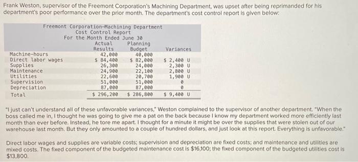 Need help solving this! Frank Weston, supervisor of the Freemont Corporation's Machining