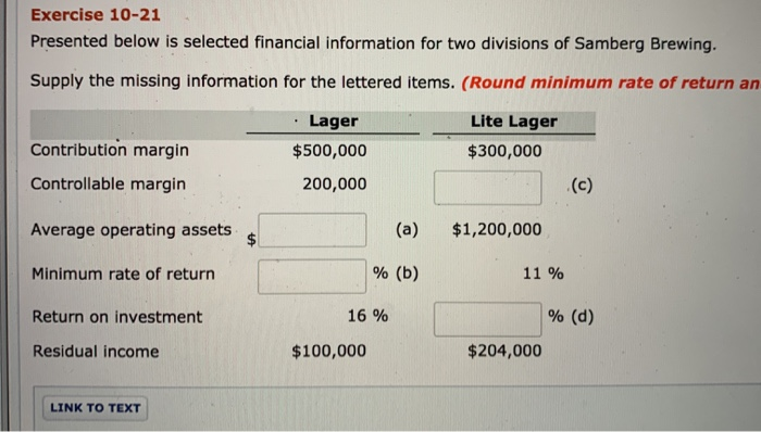  Exercise 10-21 Presented below is selected financial information for two divisions
