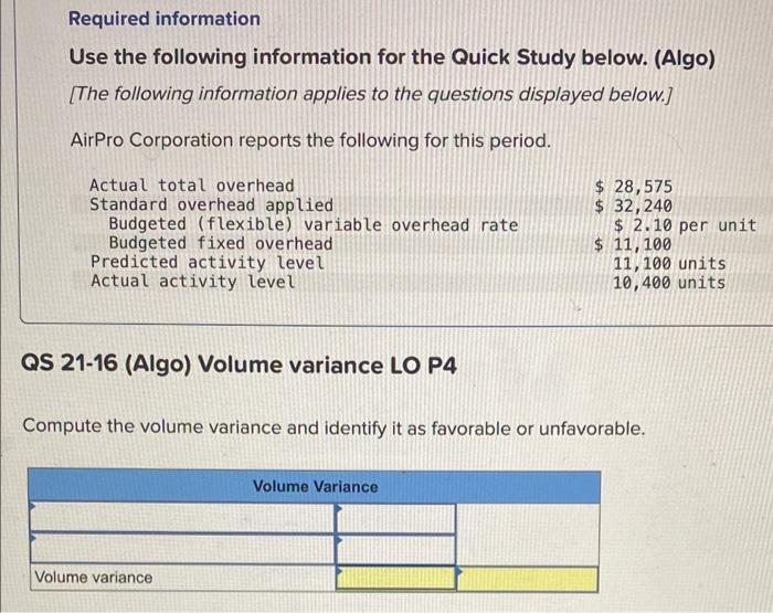 following for this period. QS 21-15 (Algo) Total overhead and controllable variances