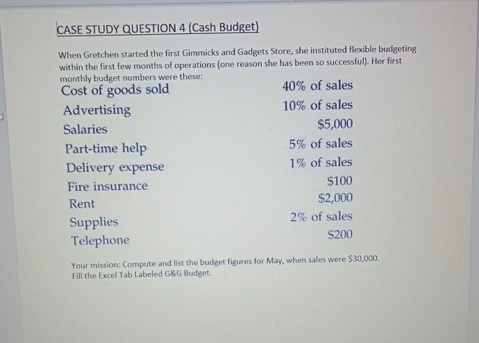 CASE STUDY QUESTION 4 (Cash Budget) When Gretchen started the first