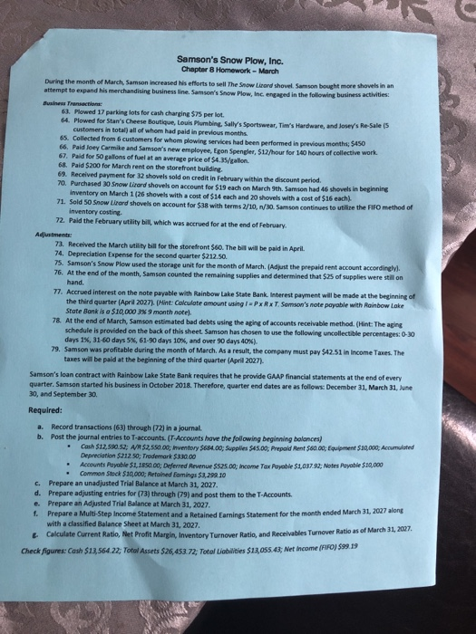  Samson's Snow Plow, Inc. Chapter 8 Homework - March During the