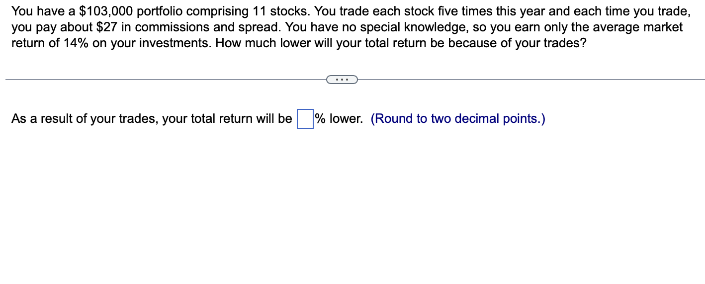  You have a $103,000 portfolio comprising 11 stocks. You trade each