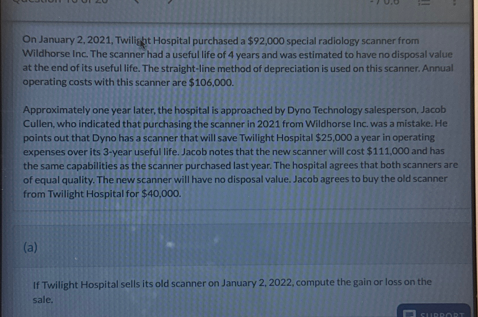  On January 2,2021, Twilight Hospital purchased a $92,000 special radiology scanner