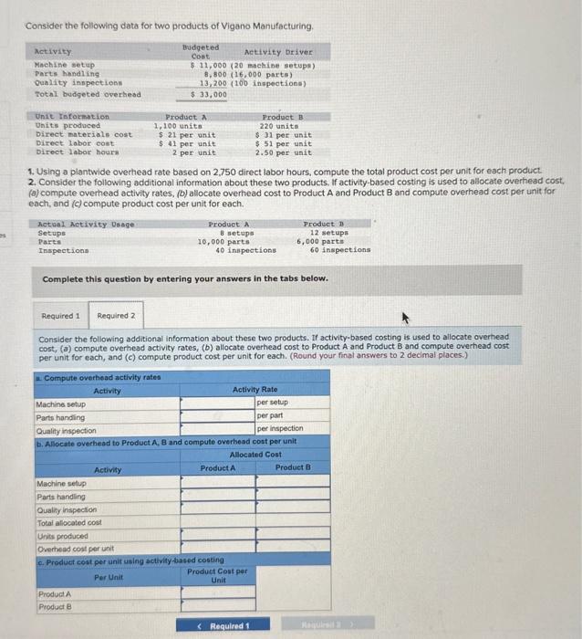 and activity-based costing LO P1, P3 Consider the following data for two