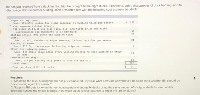 please help :) Bill has just returned from a duck hunting trip.