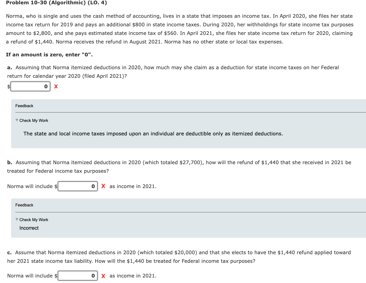  Problem 10-30 (Algorithmic) (LO. 4) Norma, who is single and uses
