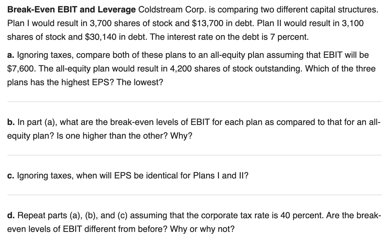  Break-Even EBIT and Leverage Coldstream Corp. is comparing two different capital