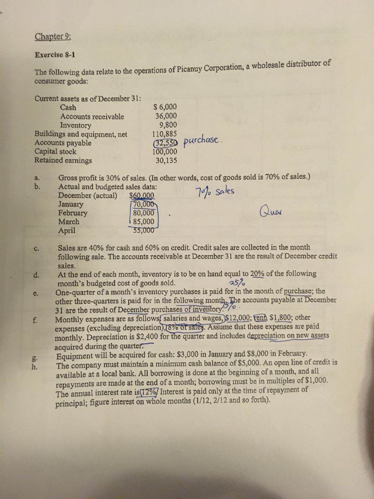 Chapter 9: Exercise 8-1 The following data relate to the operations