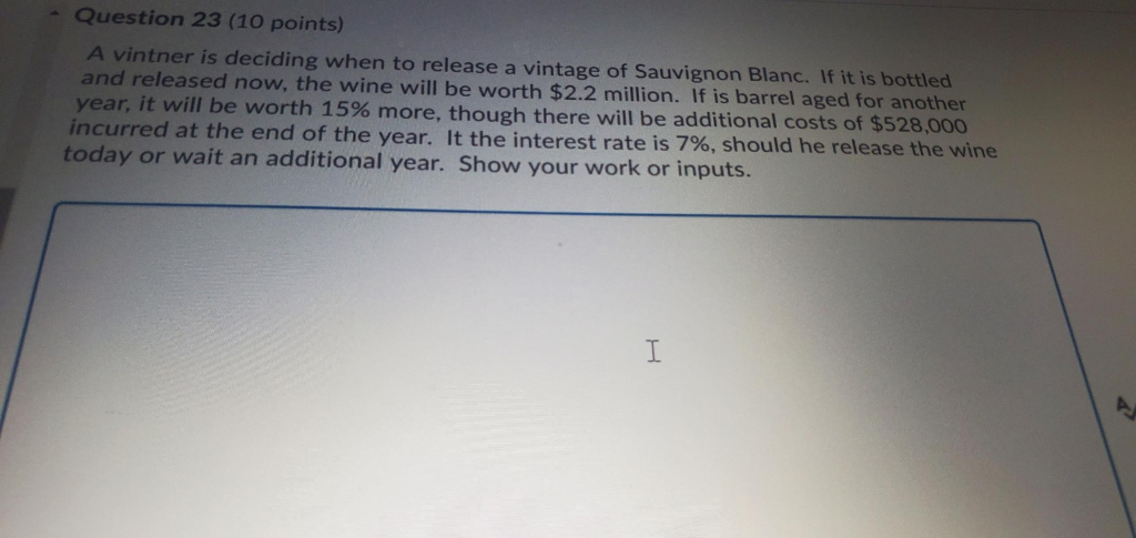 - Question 23 (10 points) A vintner is deciding when to