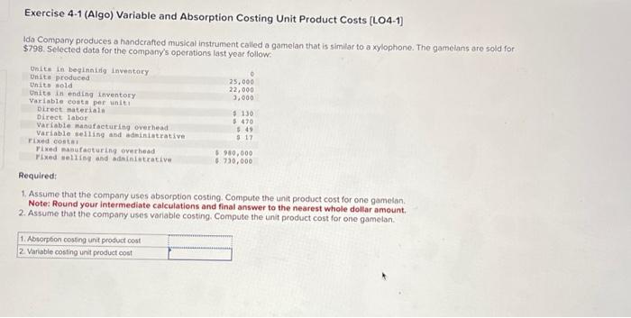  Exercise 4-1 (Algo) Variable and Absorption Costing Unit Product Costs [LO4-1]