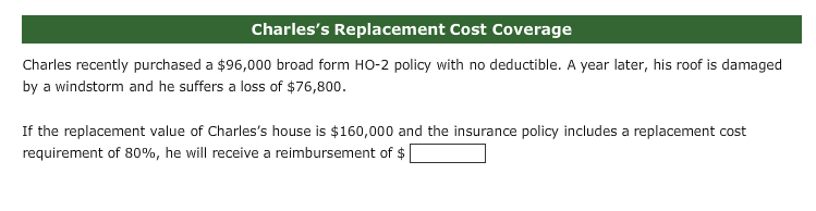 Charles's Replacement Cost Coverage Charles recently purchased a $96,000 broad form