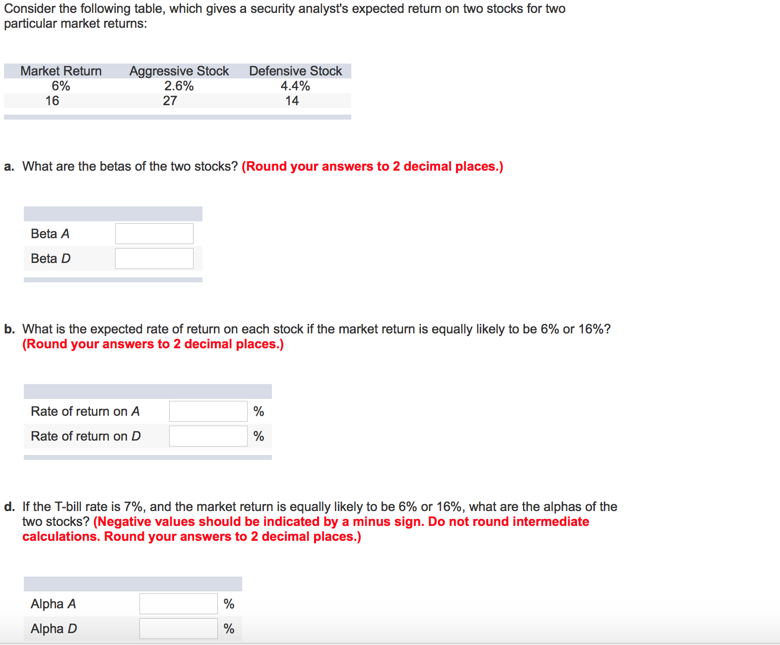 Consider the following table, which gives a security analyst's expected return