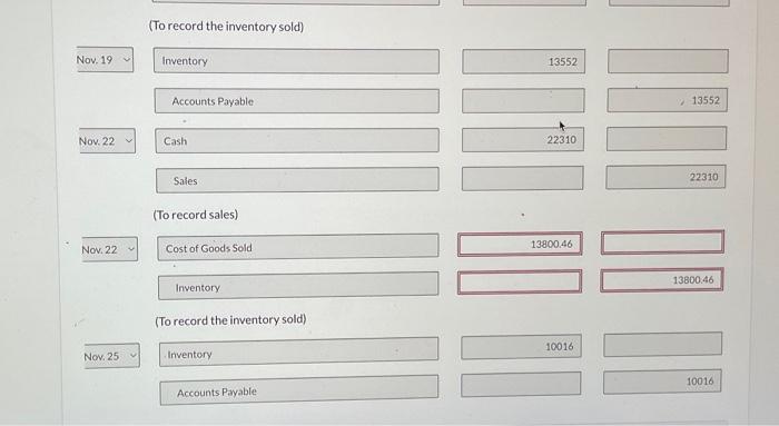 sold) Nov. 19 Inventory Accounts Payable Nov. 22 Cash Sales (To record