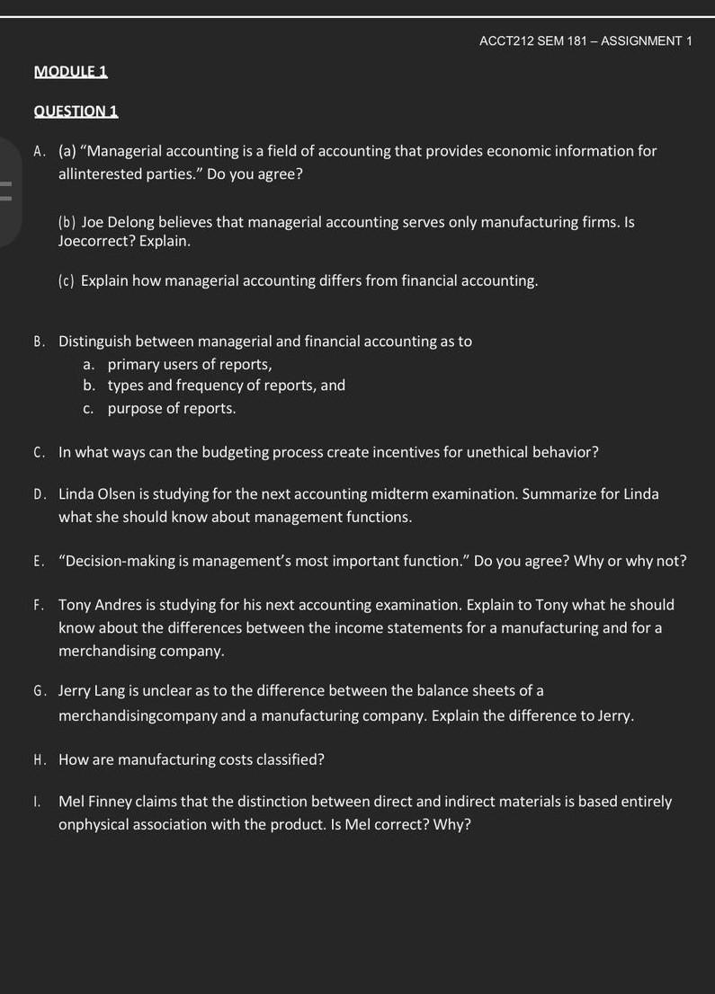  ACCT212 SEM 181 - ASSIGNMENT 1 MODULE 1 QUESTION 1 A.