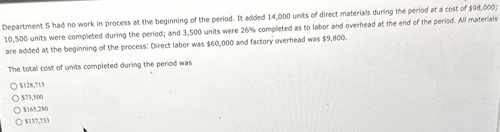  Department S had no work in process at the beginning of