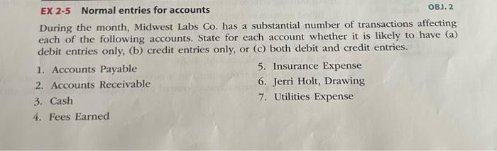  EX 2-5 Normal entries for accounts OBJ. 2 During the month,