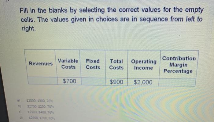  Fill in the blanks by selecting the correct values for the