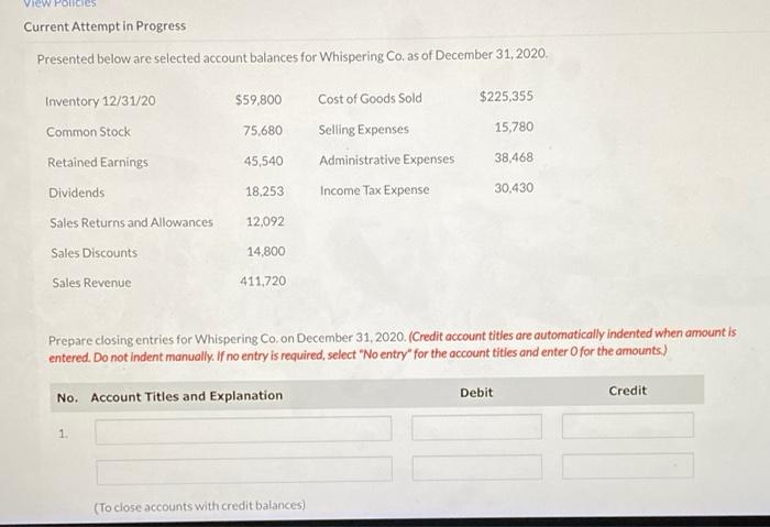 ICICS Current Attempt in Progress Presented below are selected account balances