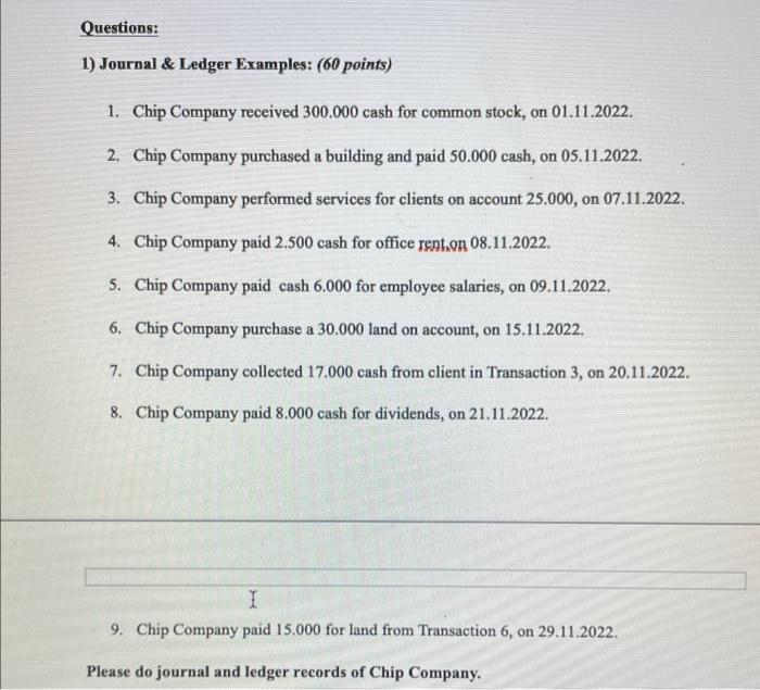  1) Journal \& Ledger Examples: ( 60 points) 1. Chip Company